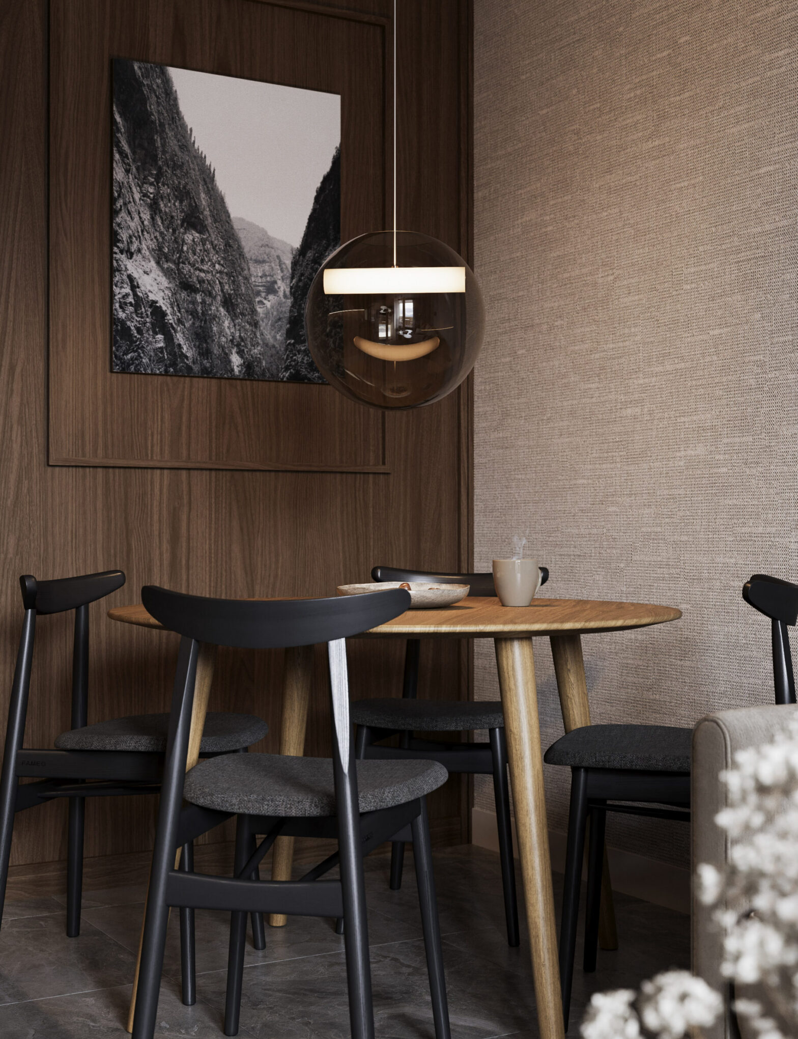 Nowoczesny salon w Cristal Apartments Szklarska Poręba z aneksem kuchennym i dużymi przeszkleniami